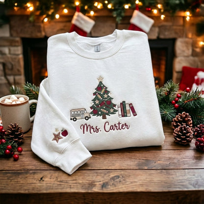 Personalized Christmas Teacher Sweatshirt, Embroidered Teacher Name Crewneck, Teacher Christmas Gift, School Bus Christmas Sweatshirt