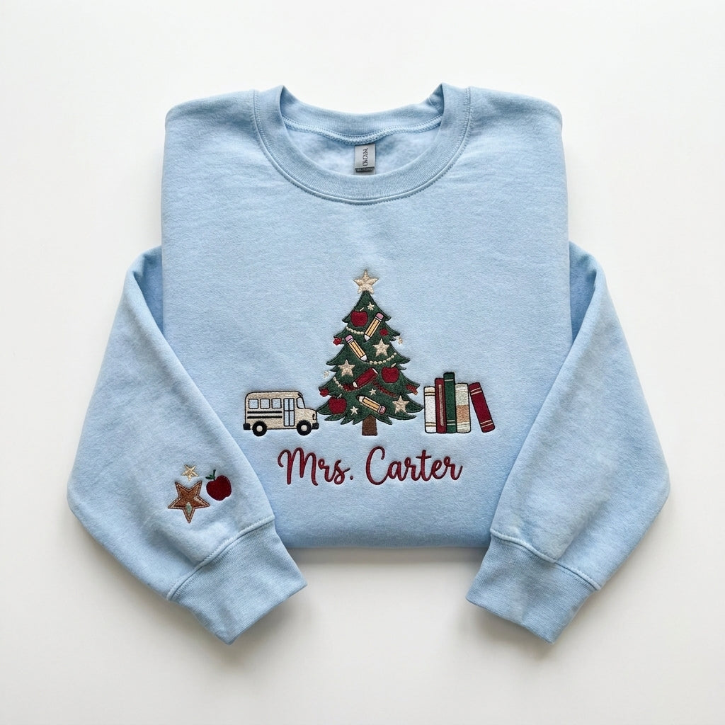 Personalized Christmas Teacher Sweatshirt, Embroidered Teacher Name Crewneck, Teacher Christmas Gift, School Bus Christmas Sweatshirt