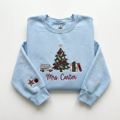 Personalized Christmas Teacher Sweatshirt, Embroidered Teacher Name Crewneck, Teacher Christmas Gift, School Bus Christmas Sweatshirt