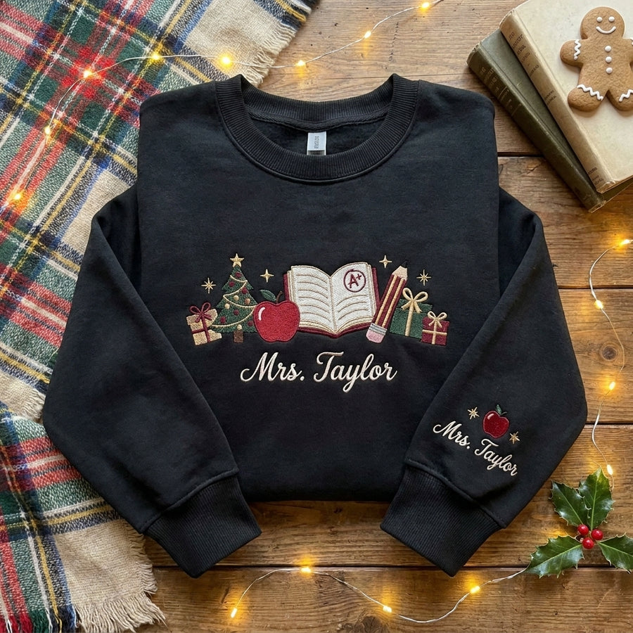 Personalized Teacher Christmas Sweatshirt, Embroidered Teacher Name Crewneck, Christmas Teacher Gift, Apple Books Pencil Sweatshir