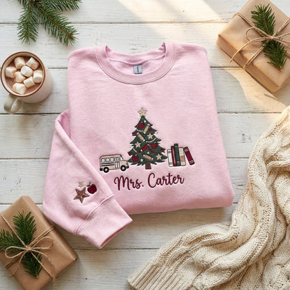 Personalized Christmas Teacher Sweatshirt, Embroidered Teacher Name Crewneck, Teacher Christmas Gift, School Bus Christmas Sweatshirt