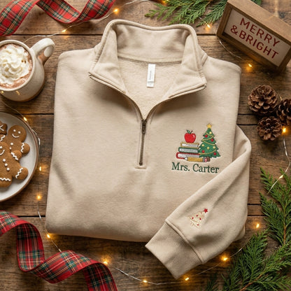 Personalized Teacher Christmas Quarter Zip, Embroidered Teacher Name Pullover, Christmas Teacher Gift, Apple Books Holiday Quarter Zip