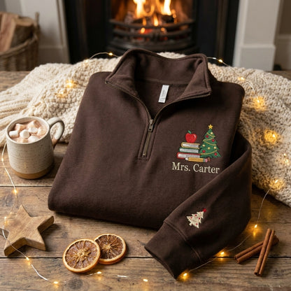 Personalized Teacher Christmas Quarter Zip, Embroidered Teacher Name Pullover, Christmas Teacher Gift, Apple Books Holiday Quarter Zip