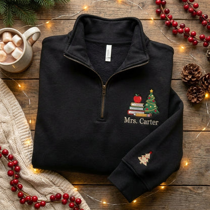 Personalized Teacher Christmas Quarter Zip, Embroidered Teacher Name Pullover, Christmas Teacher Gift, Apple Books Holiday Quarter Zip