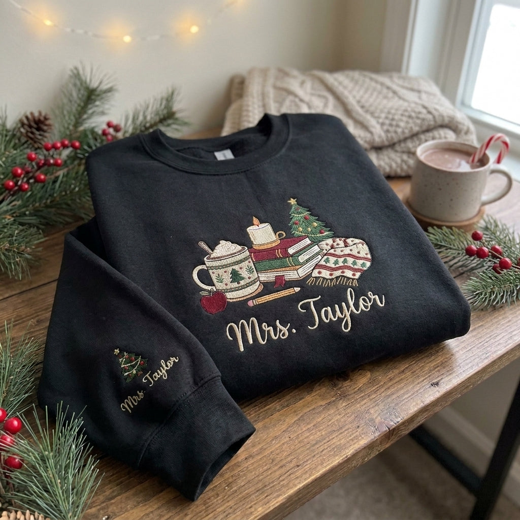 Personalized Teacher Christmas Sweatshirt, Embroidered Name Crewneck, Christmas Teacher Gift, Books Coffee Christmas Sweatshirt