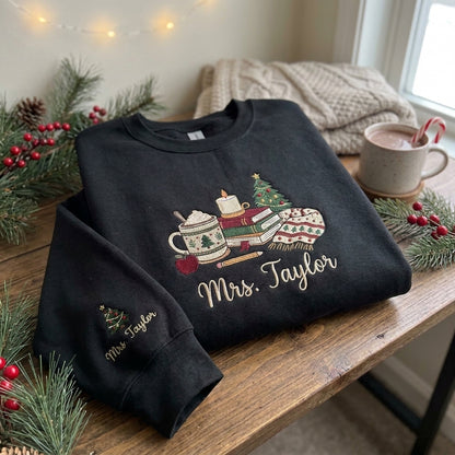 Personalized Teacher Christmas Sweatshirt, Embroidered Name Crewneck, Christmas Teacher Gift, Books Coffee Christmas Sweatshirt
