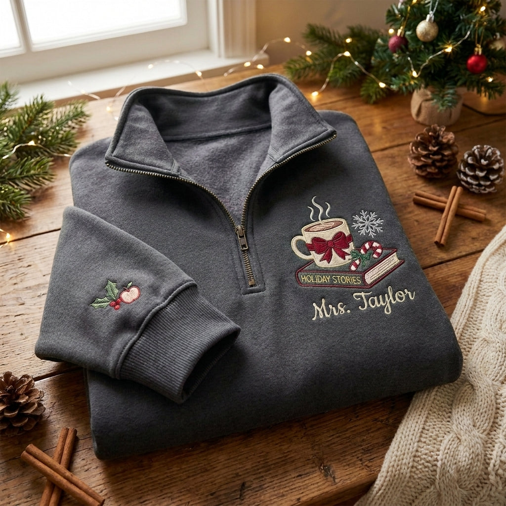 Personalized Christmas Teacher Quarter Zip, Embroidered Teacher Name Pullover, Christmas Gift for Teacher, Holiday School Quarter Zip