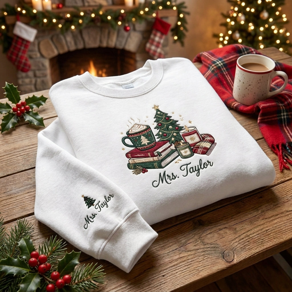 Personalized Teacher Christmas Sweatshirt, Embroidered Name Crewneck, Christmas Teacher Gift, Books Coffee Christmas Sweatshirt