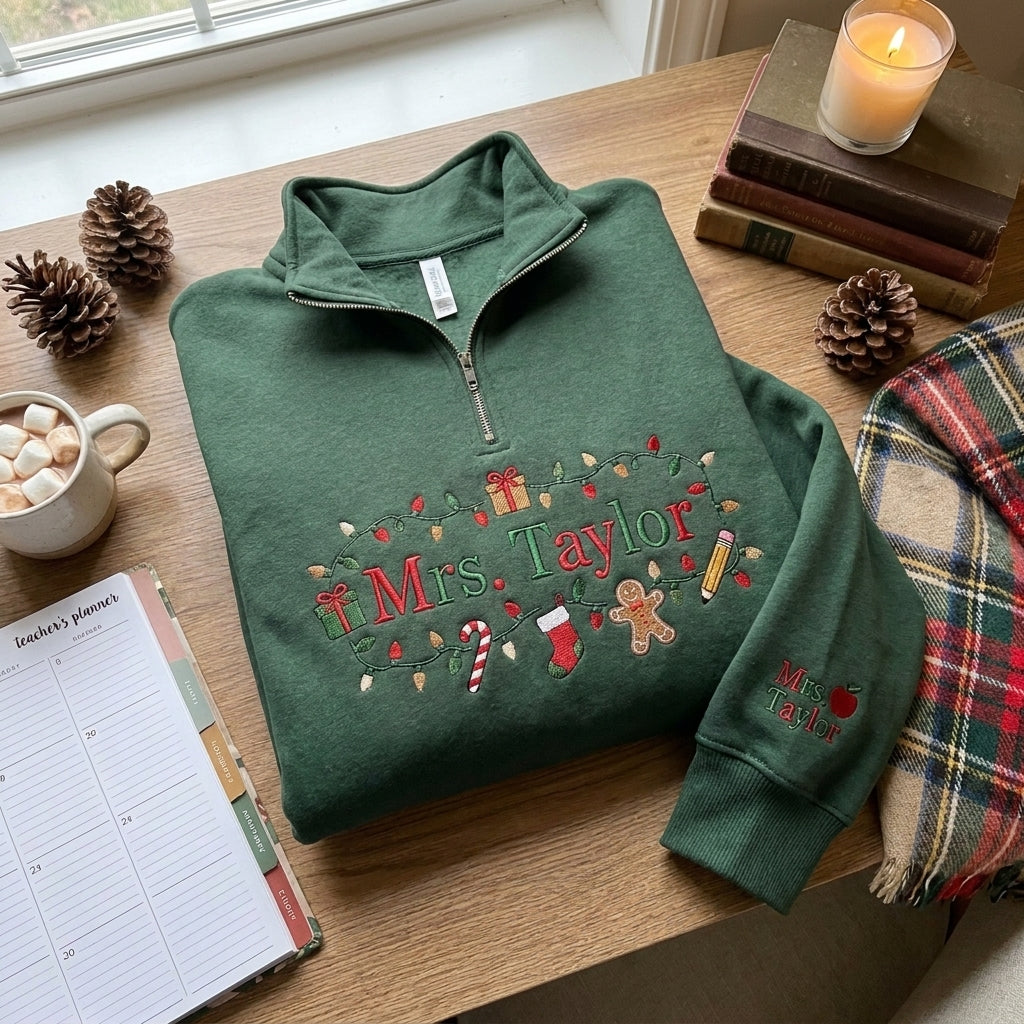 Personalized Christmas Teacher Quarter Zip, Embroidered Teacher Pullover, Custom Teacher Name Sweatshirt