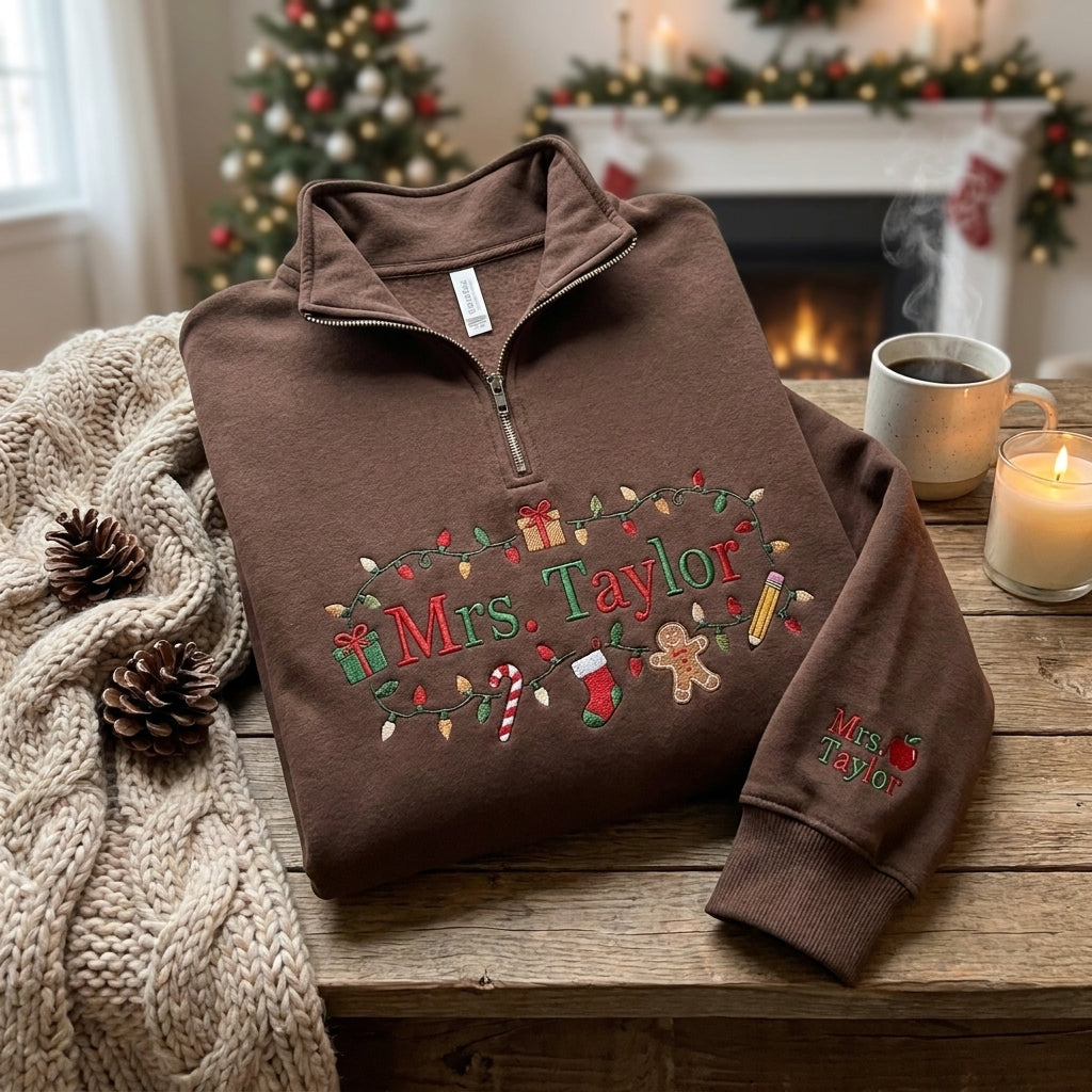 Personalized Christmas Teacher Quarter Zip, Embroidered Teacher Pullover, Custom Teacher Name Sweatshirt