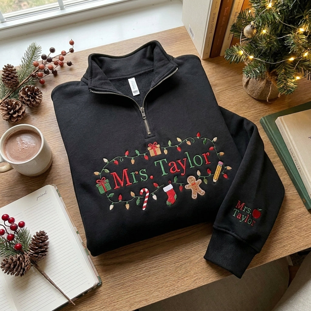 Personalized Christmas Teacher Quarter Zip, Embroidered Teacher Pullover, Custom Teacher Name Sweatshirt