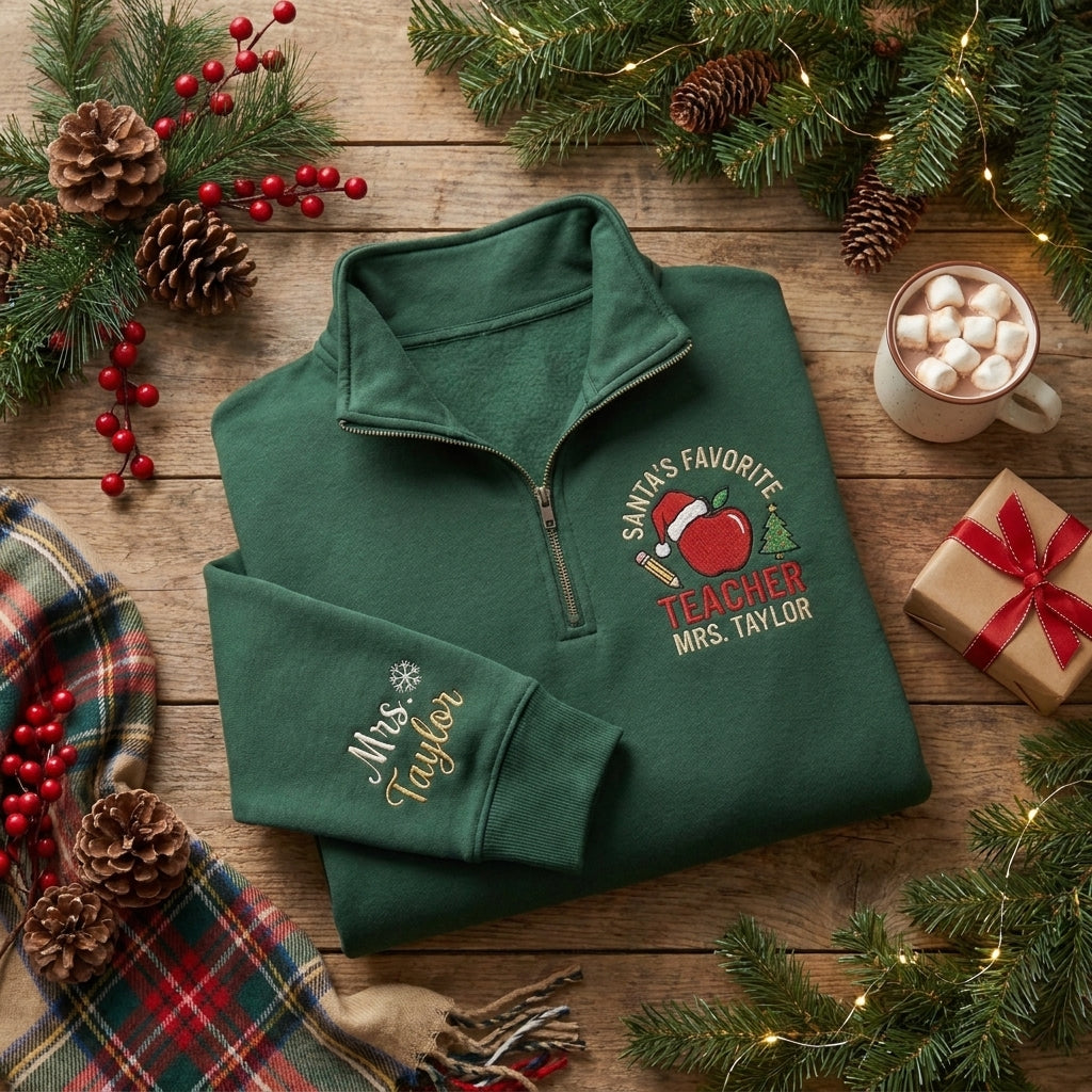 Personalized Christmas Teacher Quarter Zip, Embroidered Teacher Pullover, Custom Teacher Name Sweatshirt (Copy)