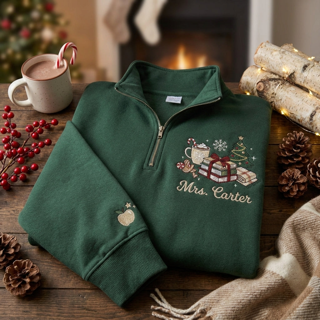 Personalized Christmas Teacher Quarter Zip, Embroidered Teacher Pullover, Custom Teacher Name Sweatshirt (Copy)