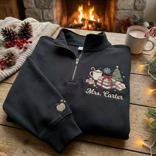 Christmas Teacher Quarter Zip, Personalized Teacher Sweatshirt, Embroidered Teacher Pullover, Custom Mrs. Name