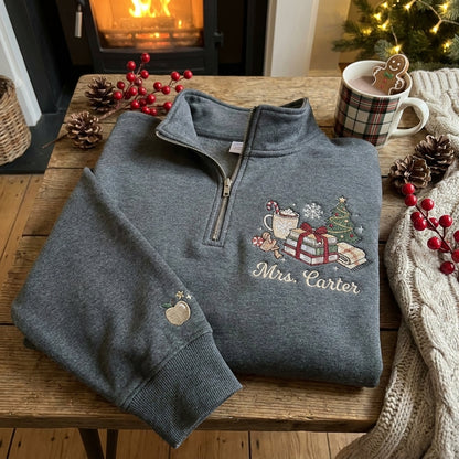 Christmas Teacher Quarter Zip, Personalized Teacher Sweatshirt, Embroidered Teacher Pullover, Custom Mrs. Name