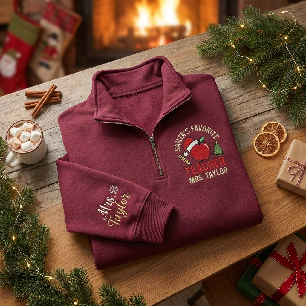 Personalized Christmas Teacher Quarter Zip, Embroidered Teacher Pullover, Custom Teacher Name Sweatshirt (Copy)