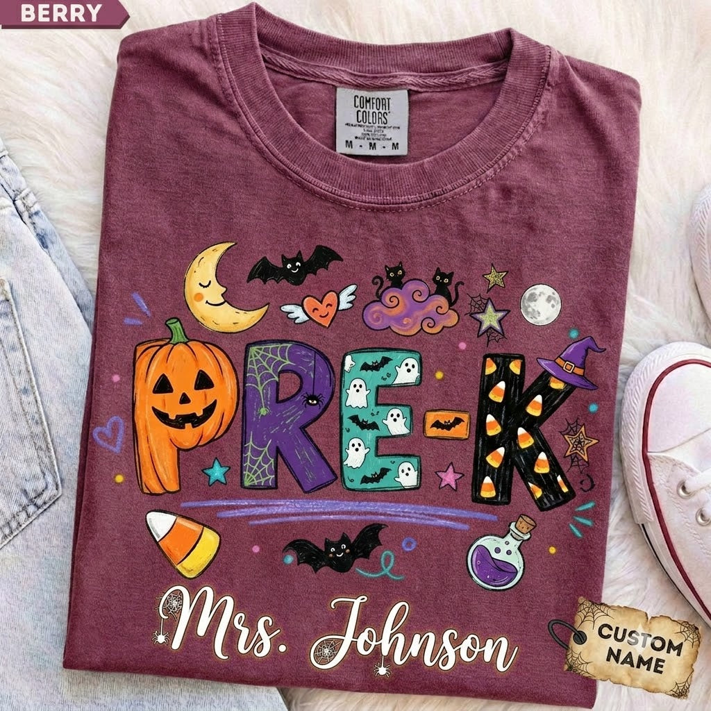 Personalized Halloween Teacher Shirt, Doodle Crayon Design, Back To School Tee