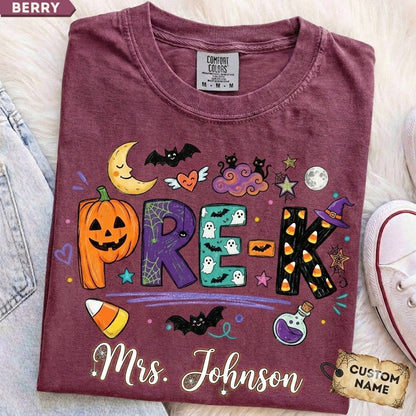 Personalized Halloween Teacher Shirt, Doodle Crayon Design, Back To School Tee