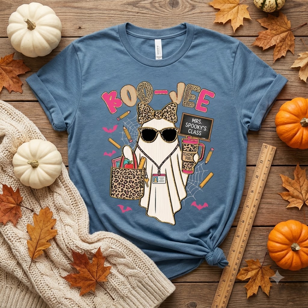 Spooky Teacher Ghost Halloween T-Shirt, Leopard Bow Cute Boo Vibes Teacher Shirt