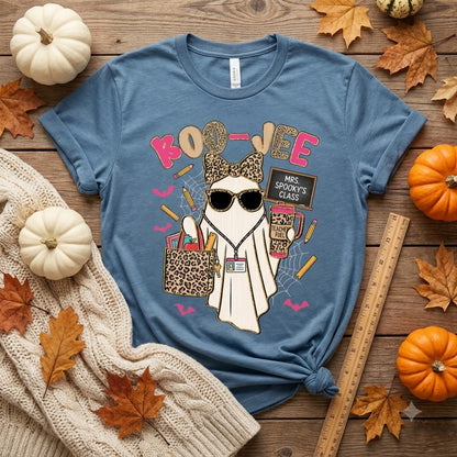 Spooky Teacher Ghost Halloween T-Shirt, Leopard Bow Cute Boo Vibes Teacher Shirt