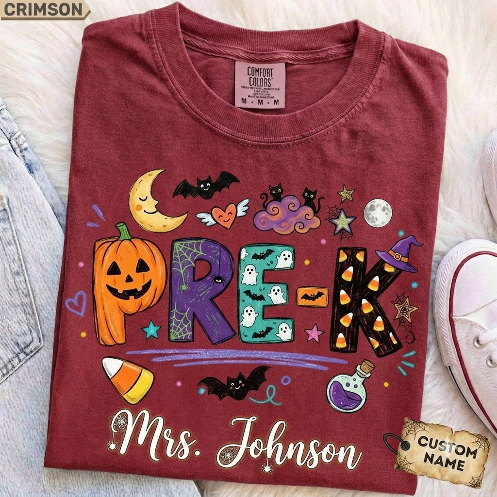Personalized Halloween Teacher Shirt, Doodle Crayon Design, Back To School Tee