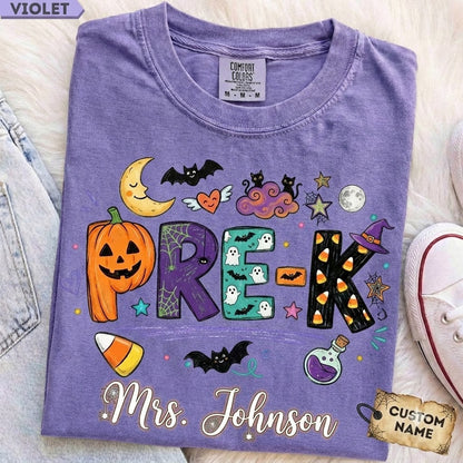 Personalized Halloween Teacher Shirt, Doodle Crayon Design, Back To School Tee