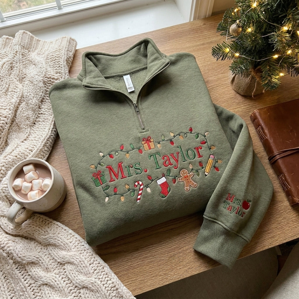 Personalized Christmas Teacher Quarter Zip, Embroidered Teacher Pullover, Custom Teacher Name Sweatshirt