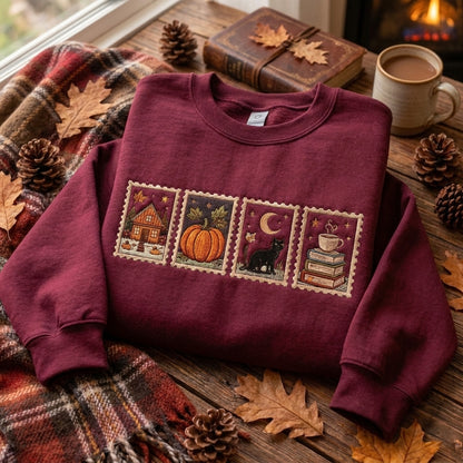 Autumn Embroidered Sweatshirt, Fall Bookish Sweatshirt, Cozy Book Lover Sweater, Vintage Library Inspired Sweatshirt, Reading Gift