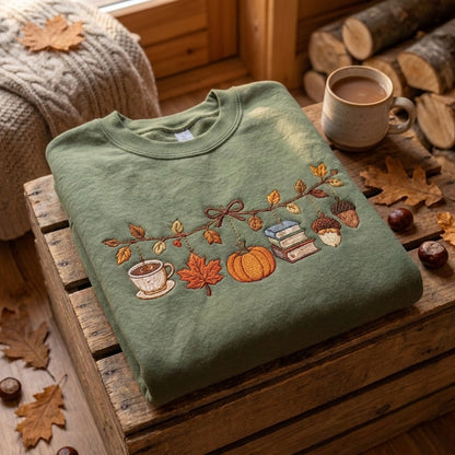 Fall Embroidered Sweatshirt, Autumn Books Pumpkin Sweatshirt, Cozy Book Lover Sweater, Coffee Reading Sweatshirt, Bookworm Gift