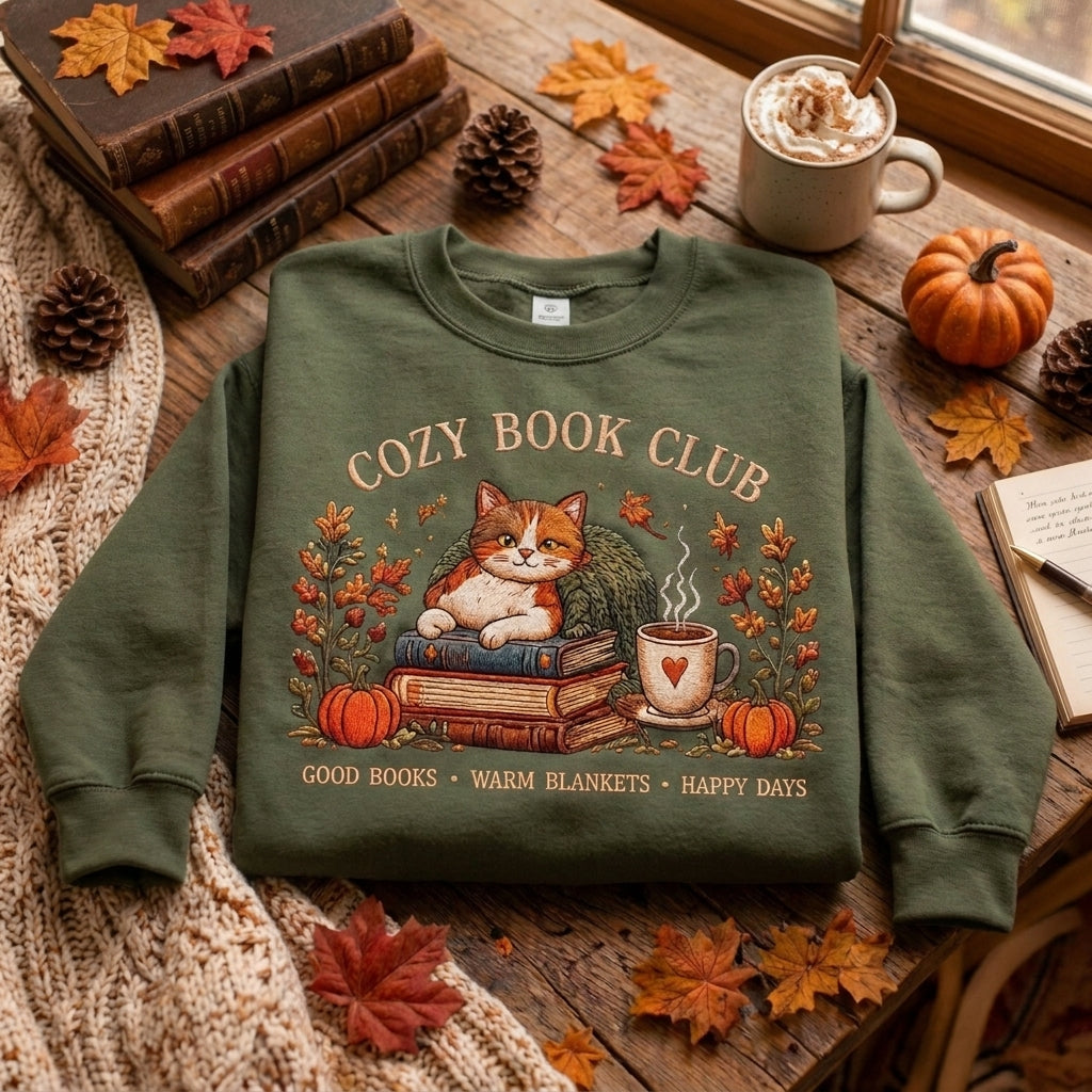 Cozy Book Club Embroidered Sweatshirt, Fall Cat Books Sweatshirt, Pumpkin Coffee Sweater, Book Lover Gift, Autumn Reading Sweatshirt