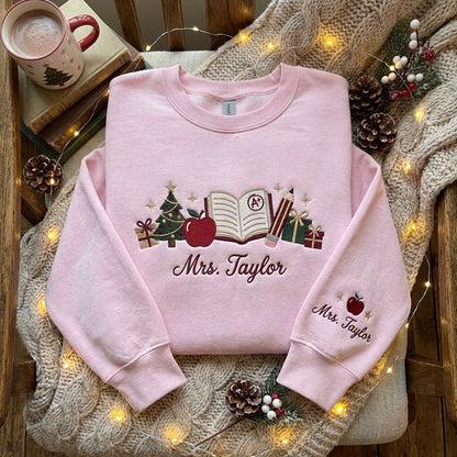Personalized Teacher Christmas Sweatshirt, Embroidered Teacher Name Crewneck, Christmas Teacher Gift, Apple Books Pencil Sweatshir