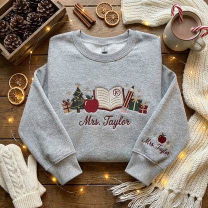 Personalized Teacher Christmas Sweatshirt, Embroidered Teacher Name Crewneck, Christmas Teacher Gift, Apple Books Pencil Sweatshir