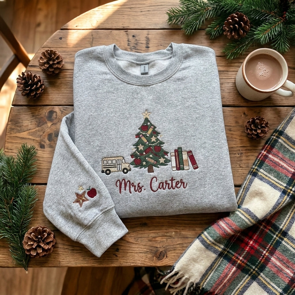 Personalized Christmas Teacher Sweatshirt, Embroidered Teacher Name Crewneck, Teacher Christmas Gift, School Bus Christmas Sweatshirt