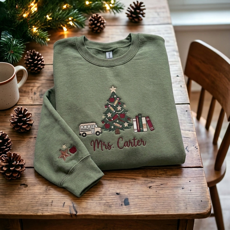 Personalized Christmas Teacher Sweatshirt, Embroidered Teacher Name Crewneck, Teacher Christmas Gift, School Bus Christmas Sweatshirt