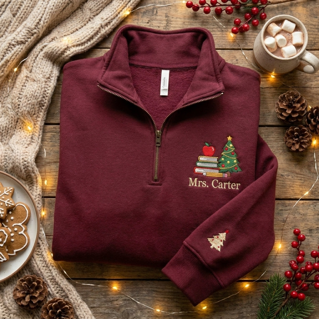 Personalized Teacher Christmas Quarter Zip, Embroidered Teacher Name Pullover, Christmas Teacher Gift, Apple Books Holiday Quarter Zip