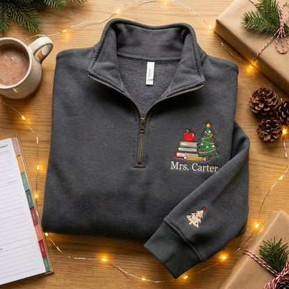 Personalized Teacher Christmas Quarter Zip, Embroidered Teacher Name Pullover, Christmas Teacher Gift, Apple Books Holiday Quarter Zip