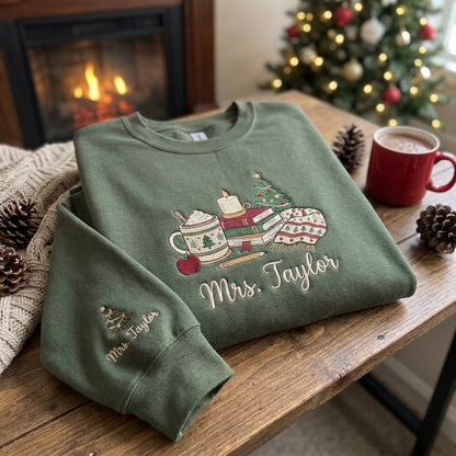Personalized Teacher Christmas Sweatshirt, Embroidered Name Crewneck, Christmas Teacher Gift, Books Coffee Christmas Sweatshirt