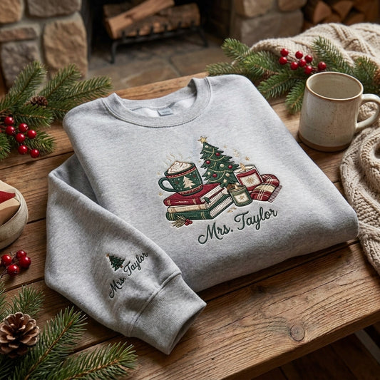 Personalized Teacher Christmas Sweatshirt, Embroidered Name Crewneck, Christmas Teacher Gift, Books Coffee Christmas Sweatshirt