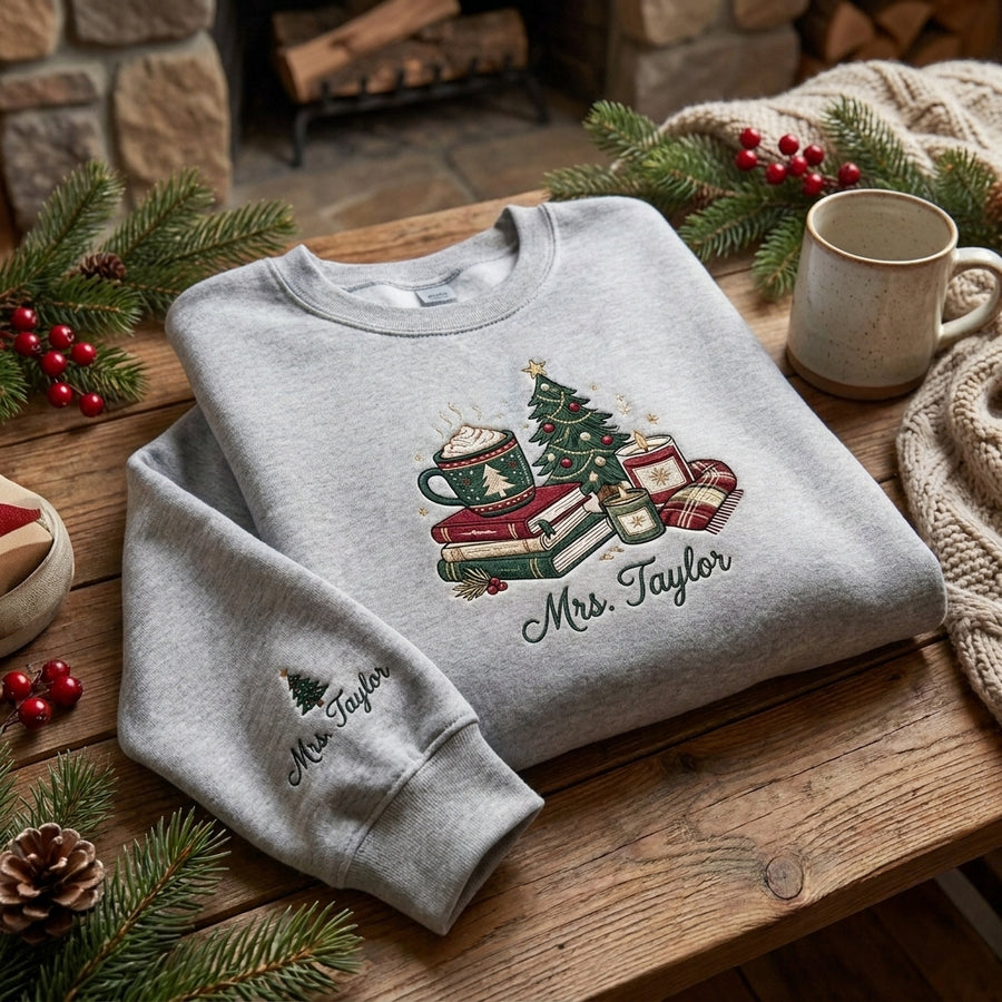Personalized Teacher Christmas Sweatshirt, Embroidered Name Crewneck, Christmas Teacher Gift, Books Coffee Christmas Sweatshirt