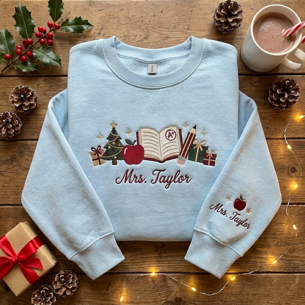 Personalized Teacher Christmas Sweatshirt, Embroidered Teacher Name Crewneck, Christmas Teacher Gift, Apple Books Pencil Sweatshir
