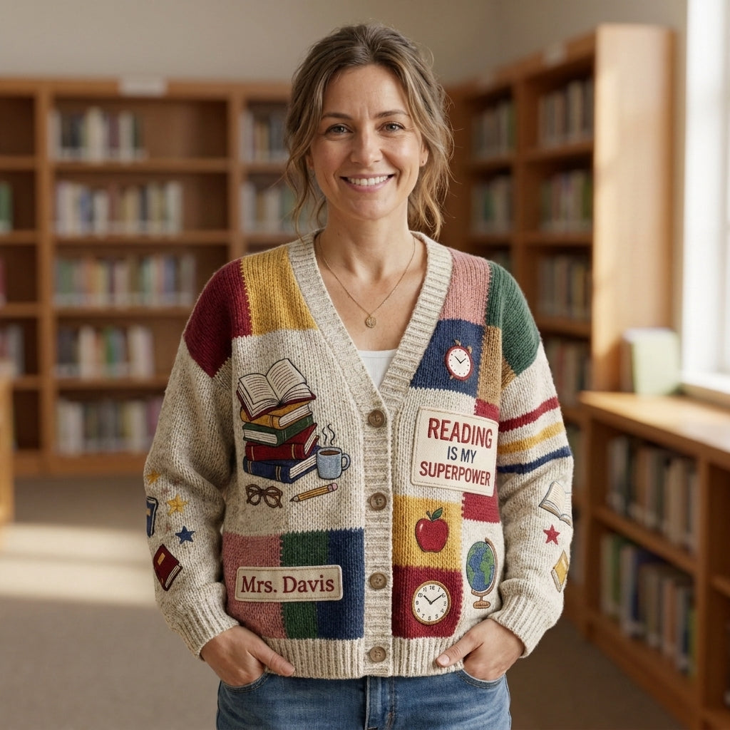 Cardigan pull personnalisé pour enseignant(e), Cardigan tricoté avec nom d'enseignant(e) personnalisé, Cadeau d'enseignant(e) pour la rentrée scolaire, Joli vêtement de classe. Chemise d'enseignant(e)