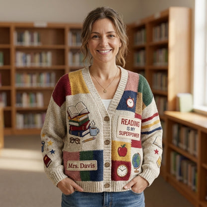 Cardigan pull personnalisé pour enseignant(e), Cardigan tricoté avec nom d'enseignant(e) personnalisé, Cadeau d'enseignant(e) pour la rentrée scolaire, Joli vêtement de classe. Chemise d'enseignant(e)