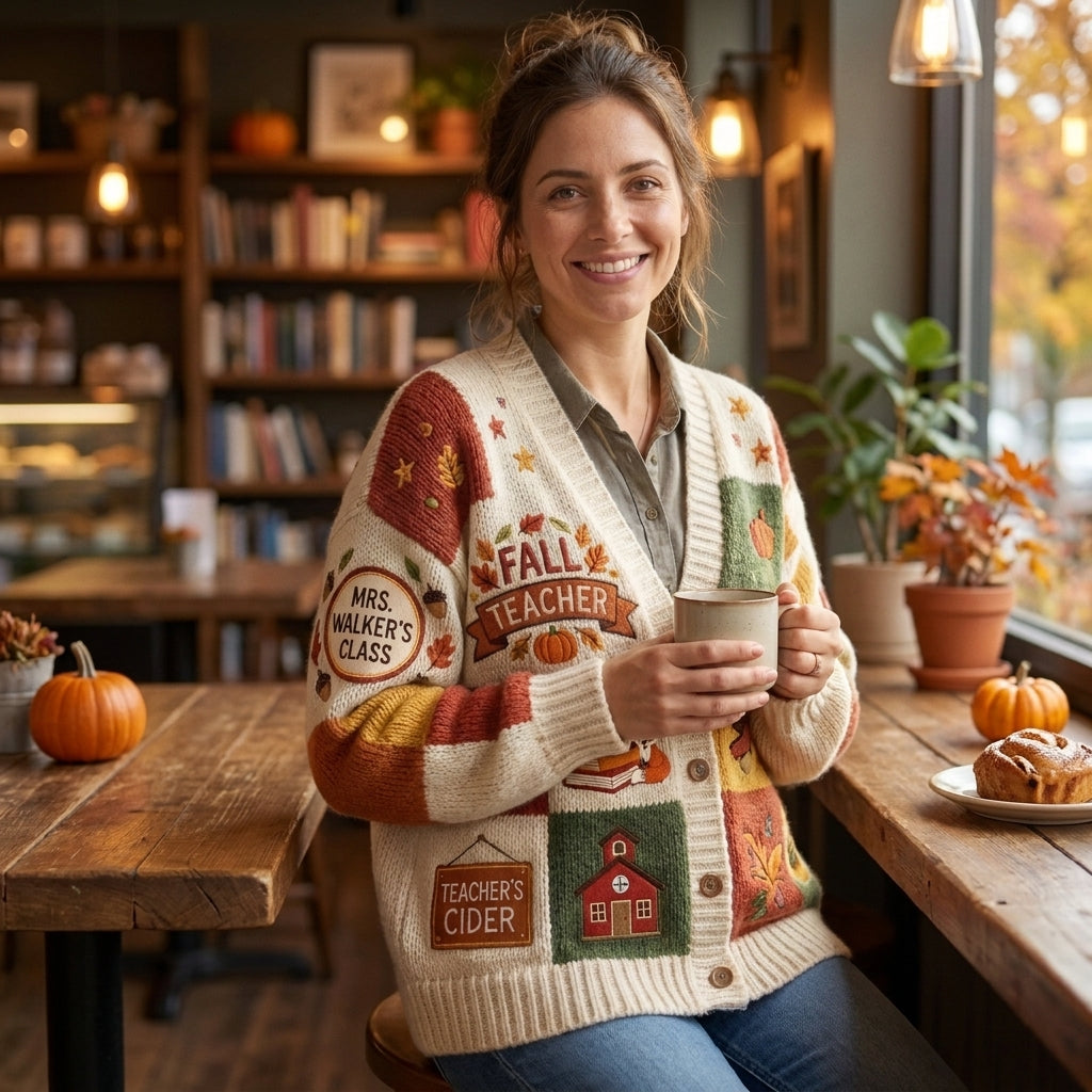 Cardigan pull personnalisé pour enseignant(e), Cardigan tricoté avec nom d'enseignant(e) personnalisé, Cadeau d'enseignant(e) pour la rentrée scolaire, Joli vêtement de classe. Chemise d'enseignant(e)
