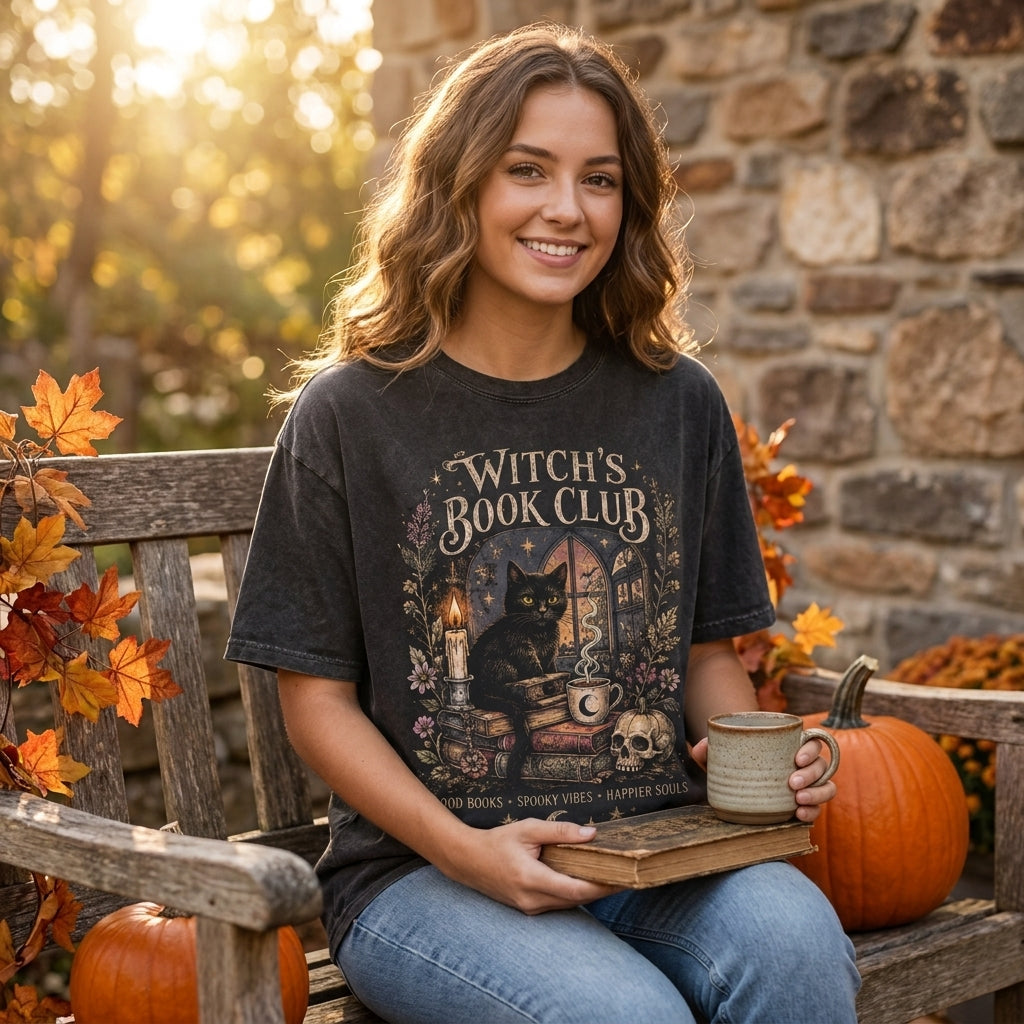 Witch's Book Club T-Shirt, Vintage Halloween Shirt, Black Cat Book Lover Tee, Gothic Bookish Shirt, Witchy Fall Shirt
