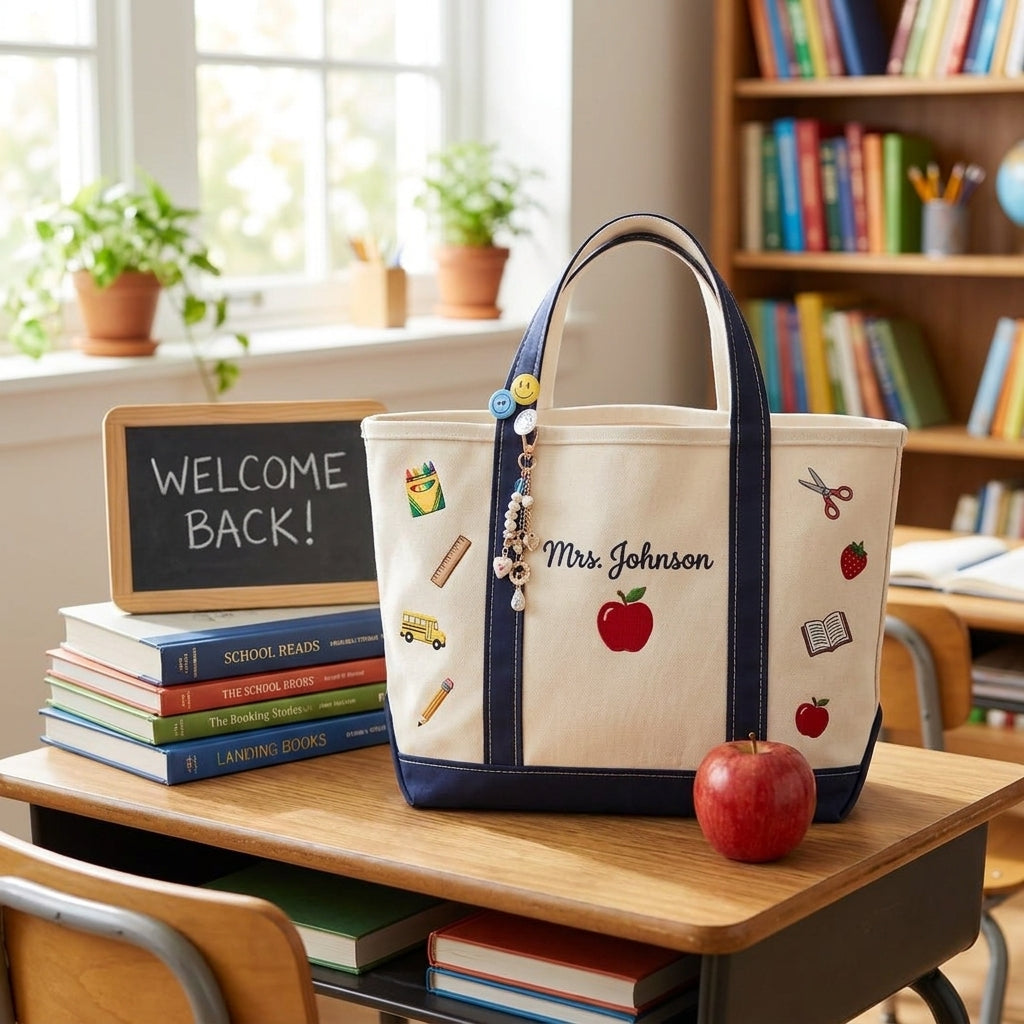 Personalized Teacher Tote Bag, Embroidered School Icons Canvas Bag, Custom Name Teacher Appreciation Gift, Back to School Gift