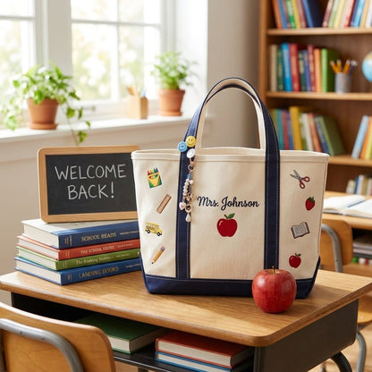 Personalized Teacher Tote Bag, Embroidered School Icons Canvas Bag, Custom Name Teacher Appreciation Gift, Back to School Gift