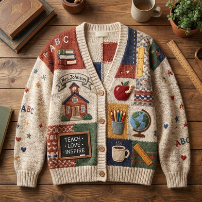 Personalized Teacher Cardigan Sweater Custom Name Knitted Teacher Gift Cozy School Cardigan Teacher Appreciation Gift Educator Sweater