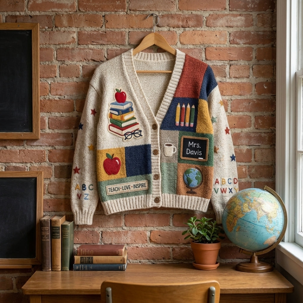 Personalized Teacher Cardigan Sweater Custom Name Knitted Teacher Gift Teacher Appreciation Sweater Cozy Educator Cardigan School Gift