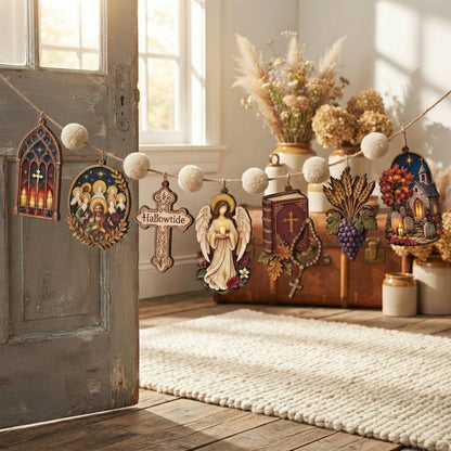 Hallowtide Wooden Garland, All Saints Day Decor, Catholic Fall Garland, Christian Autumn Wall Hanging, Religious Home Decor, Fall Mantel Decor