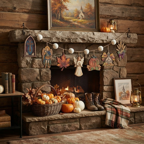 Hallowtide Garland, Catholic Fall Decor, All Saints Day Decoration, Christian Wooden Garland, Religious Home Decor, Autumn Mantel Hanging